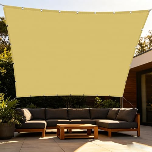Tenda Vela Parasole 6 x 8 m Impermeabile Vela Ombreggiante Idrorepellente Senza Foratura per Balcone Patio Giardino Esterno Terrazza, Carport, Giallo sabbia