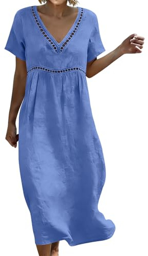 Women's Dress Summer Linen Dresses Casual V Neck Short Sleeve Dress | Summer Dresses for Women Plus Size Casual Dress Below the Knee dresses