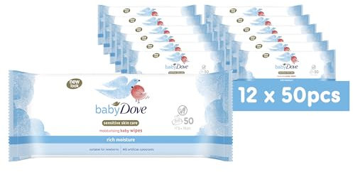 Baby Dove Sensitive Skin Care Baby Wipes, Rich Moisture - Soft Cleansing, Moisturising & Gentle Wet Tissue for Newborns & Infants, Perfect for Nursery & Travel Essentials, Resealable - Pack of 12
