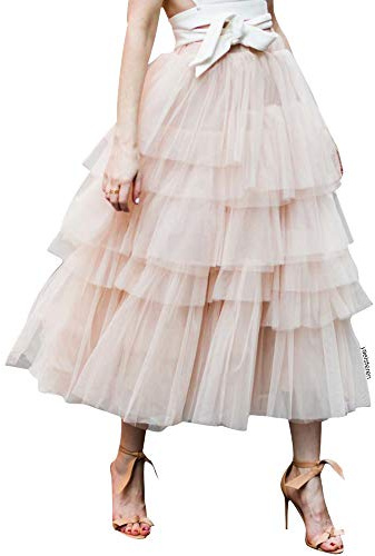 Chicwish Women's Nude Pink Tiered Layered Mesh Ballet Prom Party Tulle Tutu A-line Midi Skirt, Medium / Large