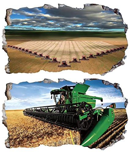 2Pcs Wandtattoo Traktor Trecker 3D Effekt XXL Farm Feld Landwirtschaft Wandaufkleber Fenster Selbstklebend für Junge Kinderzimmer Groß 1000mmx600mm v19