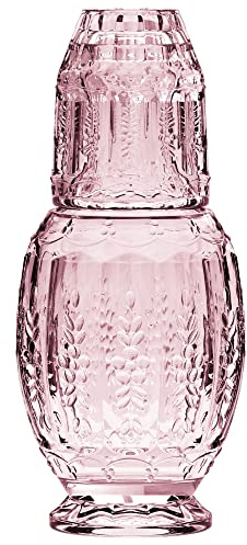 Elle Décor Vintage Bedside Water Carafe With Tumbler – Elegant Pitcher and Matching Drinking Glass Doubles As Lid For Guest Room, Office-Makes A Gift, 4.7x10.4, Pink