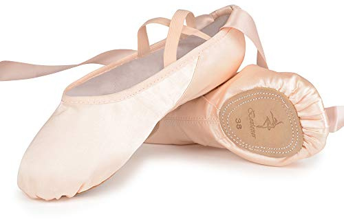 Chaussures de Danse Satin Demi Pointe Pantoufle de Ballet avec Ruban Rose Ballerine pour Enfants et Adulte 32 EU
