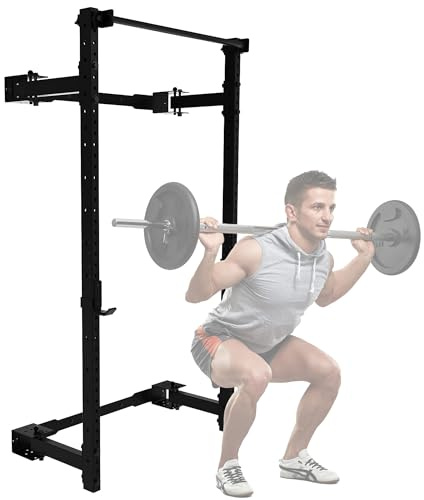 PRx Performance Wall Mounted Folding Power Squat Rack - Heavy Duty Adjustable Pull Up Bar, Space Saving Home Gym Equipment with Durable J-Cups, Ideal for Weight Lifting and Strength Training - Black