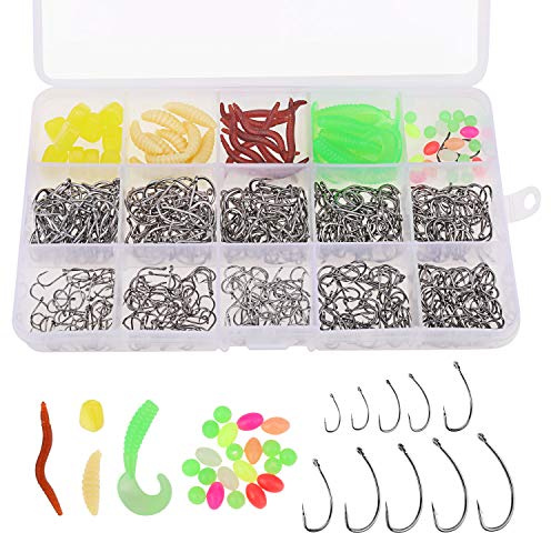 550 Piezas Pesca anzuelos Señuelos de Pesca Kits, Pesca Gancho Juego de 500 unidades/caja/10 tamaños(#3-#12Fish Hook), 4 Estilo Cebos Artificiales, para Anzuelos de Pesca Agua Salada e Agua Dulce