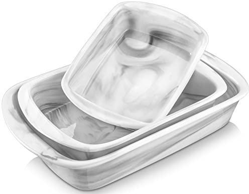MALACASA, Series Bake, Rectangular Baking Dish Set of 3 (13.5/11/8''), Marble Grey Porcelain Bakeware Set, Oven to Table Baking Dish Ideal for Lasagne/Pie/Casserole/Tapas
