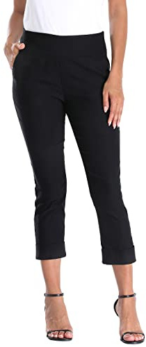 HDE Pull On Capri Pants for Women with Pockets Elastic Waist Cropped Work Pants Black - L