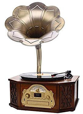 Vintage Retro clásico gramófono fonógrafo Forma Altavoz estéreo Sistema de Sonido Caja de música Audio Diente Azul Aux-in/USB Flash Drive