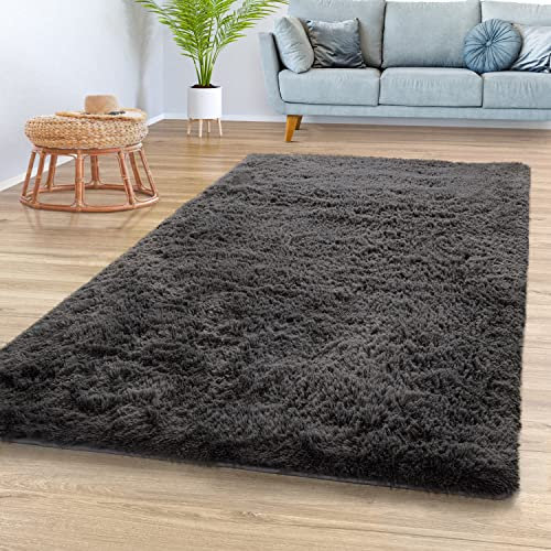 TT Home Teppich Wohnzimmer Hochflor Langflor Weich Soft Modernes Einfarbiges Design, Farbe: Grau Anthrazit, Größe:60x100 cm
