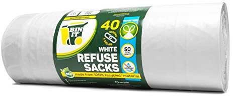 BIN IT 40 White Drawstring 50L Strong & Secure, Refuse Sacks, Bin Bags, Bin Liners, Recycled, Tear Resistant, 30 μm, Perfect for Everyday Use, Household, Office, Kitchen & Caterers