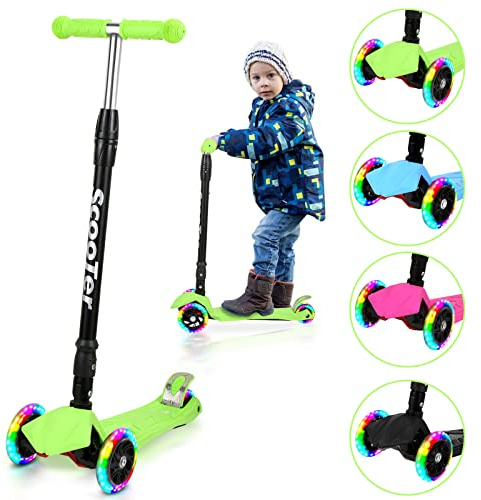 Sonnewelt Kinderroller Faltbarer Cityroller mit 3 LED-Rädern und höhenverstellbarem Lenker,Hinterbremsen,Bis 50 kg für Roller Kinder 3-14 Jahre-Grün
