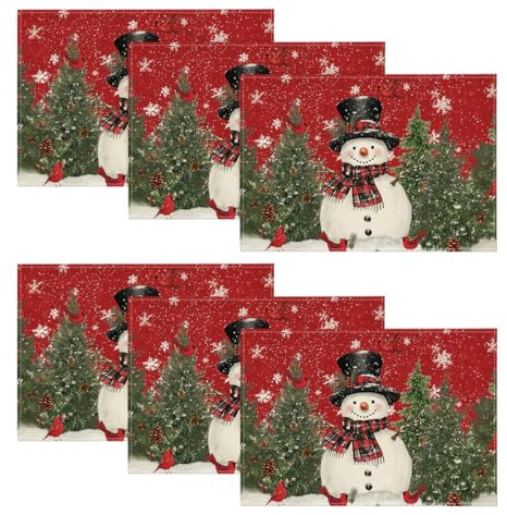 Artoid Mode Schneemann Rot Schals Kiefern Weihnachten Platzsets 6er Set, 30x45cm Urlaub Tischsets Waschbar Platzdeckchen Küche Party Deko