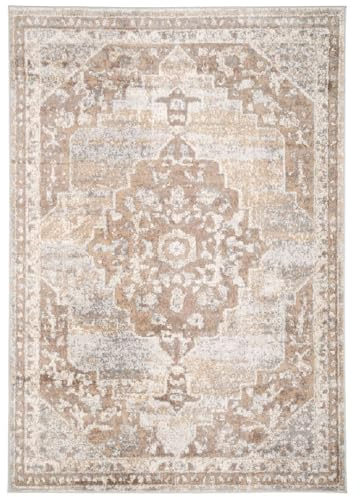 Antique Warm Neutral Greige Living Room Area Rug Distressed Oriental Medallion Grey Beige Stain Resistant Carpet Versatile Floral Vintage Kitchen Island Hallway Rugs 160cm x 230cm