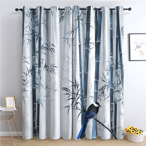SZLYZM Vorhänge Bambus Muster, Verdunkelungsvorhang 2er Set - Vorhang Blickdicht Vogel Muster, Thermovorhang für Deko Wohnzimmer Schlafzimmer Kinderzimmer, Gardinen mit Ösen 200x140 cm (HxB)