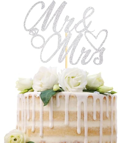 Sotpot 1 Pack Mr Mrs Cake Topper Silver Glitter Love Mr Mrs Cake Pick Wedding Party Decorations Bridal Shower Wedding Cupcake Decoration Party Supplies