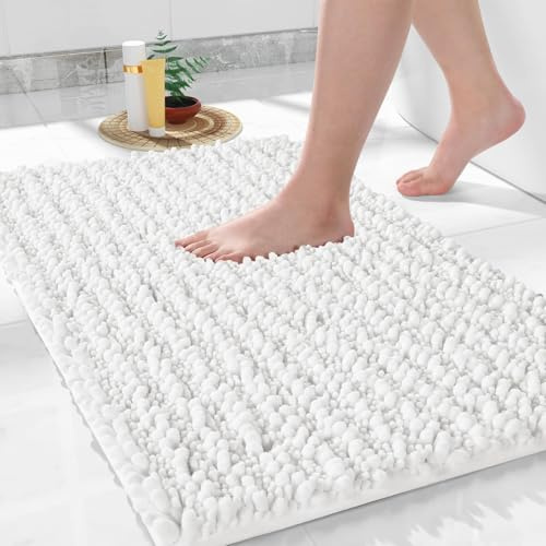 Yimobra Chenille Badematte rutschfest - Weicher Badvorleger Maschinenwaschbar - Mikrofaser Absorbent Badteppich, für Dusche und Badezimmer, 43 x 61 cm, Helles Weiß