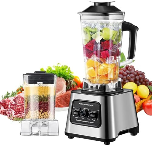 Blender, 6000W Mixeur Blender Multifonctionnel, Mixeur Smoothie, avec Récipient en Verre 2.5L, Multifonctionnel 2 en 1, 4 Lames en Acier Inoxydable, 3 vitesses, Blender Smoothie Fruits
