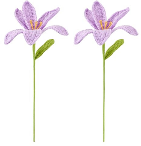 FINGERINSPIRE 2 Stück Handgefertigte Gehäkelte Künstliche Lilienblüten Blumenstrauß Aus Gestrickter Baumwolle Mit Eisendraht Lila Lilien Kunstblumen Häkelstrauß Für Hochzeitsdekoration Blumengeschenk