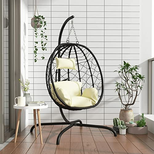 ShGaxin Hängesessel Ei mit Kissen, Garten Möbel, Hängesessel Outdoor, Jugendzimmer, Hängestuhl, Hanging Chair, Liebesschaukeln, Hängeschaukel Outdoor, Cremeweiß Poly Rattan & Stahl