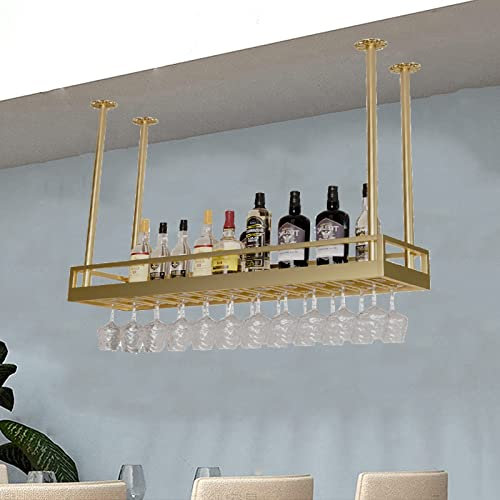 IBOWZ Deckenverzierung Deckenregal Goldweinregal - Industrielles Retro-Weinglas-Hängegestell aus Metall, Deckendekoration, schwimmendes Regal mit verstellbaren Stangen, für Bars, Restaurants, Küchen