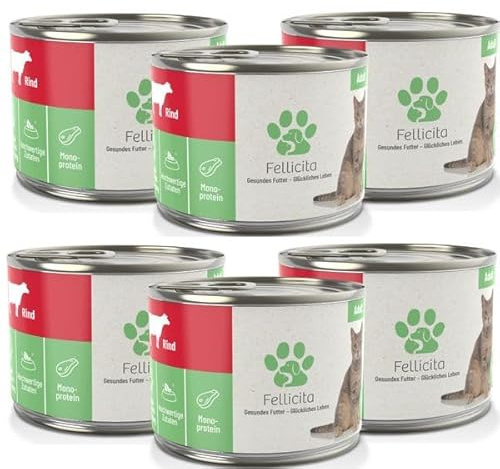 Fellicita Premium Nassfutter für Katzen, Rind pur, 6er Pack, 6 x 200g | Monoprotein, hochwertiges Katzennassfutter, getreidefrei, leckere Pastete, Alleinfuttermittel