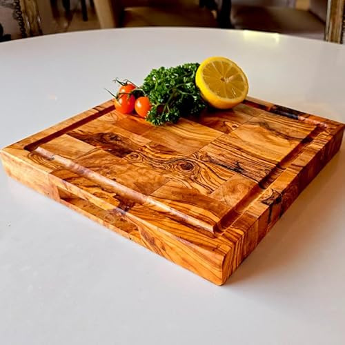 Premium Olive Wood Cutting Board | Thick Durable and Eco-Friendly Chopping Block with Juice Groove | Perfect for Kitchen, Cheese and Charcuterie | Beautiful Natural Finish (25x25cm)