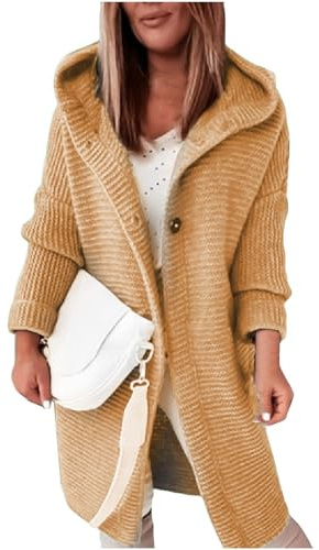 Strickjacke Damen Lang Mit Kapuze Pullover & Strickjacken Für Damen Winter Warme Strickmantel Damen Dicke Strickjacke Grobstrick Winterjacke Strick Cardigan Frauen Elegant Sweater Mit Knöpfen
