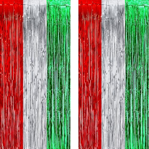 Italienische Luftschangen Rot Silber Grün - GREATRIL Italien Lametta Vorhang Party Fotowand Foil Hintergrund Deko für Geburtstag Silvester Eurovision Song Contest Party