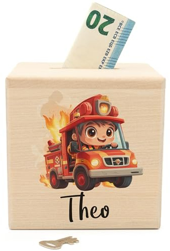 Geschenkfreude Personalisierte Spardose aus Holz - 10 x 10 cm Feuerwehrauto | Mit Namen, Originelles Sparschwein für Kids, Abschließbares Schloss, Holzspardose für Jungs und Feuerwehrmann Kind