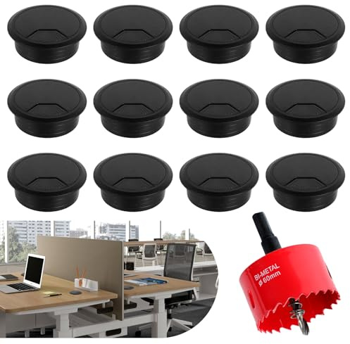 12 Pezzi Passacavi Scrivania, 60mm Tappo Scrivania Passacavi, Tappo per Scrivania Buco fili, Tappo Passa Cavi da Scrivania, Passacavi Rotondo per Fili Computer, Mouse, TV, Telefono, nero