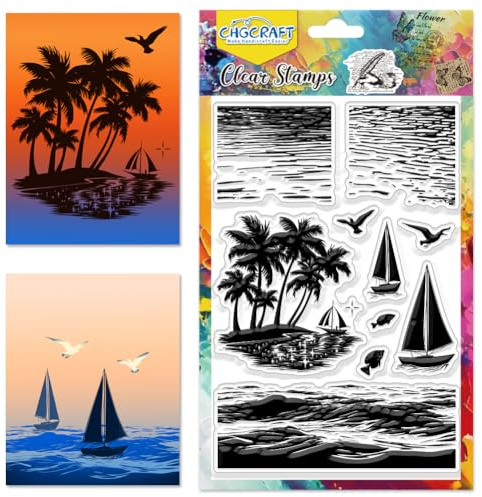 CHGCRAFT Olas del Mar Reflejo Sellos Transparentes Gaviotas Palmera Sellos Velero Sellos de Silicona Sellos de Silueta para Manualidades Tarjetería DIY Scrapbooking