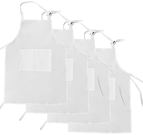 4 Pezzi Grembiule Bianco Da Cucina e Pittura Per Bambini - Set Regolabile Con 2 Tasche (46 * 62 Cm)