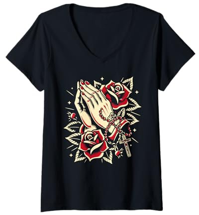 Damen Rosenkranz mit betenden Händen, traditionelles Tattoo-Design T-Shirt mit V-Ausschnitt