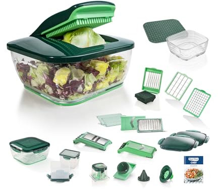 Nicer Dicer Chef Deluxe-Set 28-tlg. Multifunktions-Profi-Gemüseschneider mit Glasschale und Tomatenschneider | Teigwaren, Scheiben, Streifen, Spiralen, Julienne