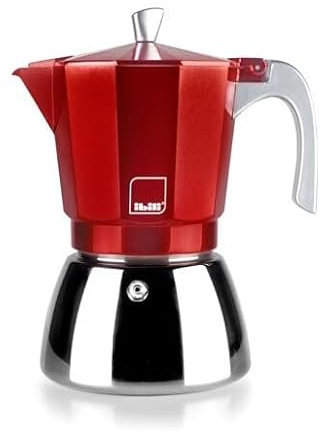 Cafetière en aluminium rouge 12 tasses, idéale pour préparer du café à la maison ou à l'extérieur, résistante et facile à nettoyer.