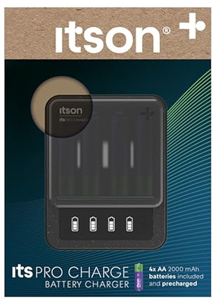 itson, itsPRO Charge Cargador de Pilas Ni-MH de USB-C a USB-C, 4 Pilas AA (2000 mAh) Incluidas, Tiempo de Carga 4:45 h, Pantalla LCD, detección de celda alcalina/defectuosa, Modo de Ahorro de energía