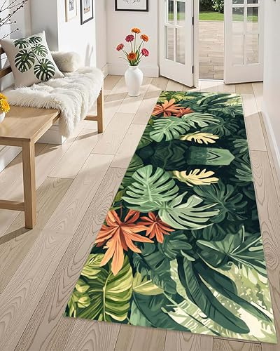 Kuluoits Green Hallway Runner Rug,60x120cm, Boho Palm Leaf Monstera Green Leaf Home Decor Long Front Door Mat Washable Botanical Print Runners for Entryway Kitchen Non-Slip Tropical Leaves Carpets