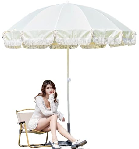 DLAZUM Parasol de Jardin 210 cm avec Franges, Pare-Soleil d'extérieur pour terrasse/Piscine, Parasol de Plage Portable à Hauteur réglable, 12 Baleines en Fibre de Verre, Sac de