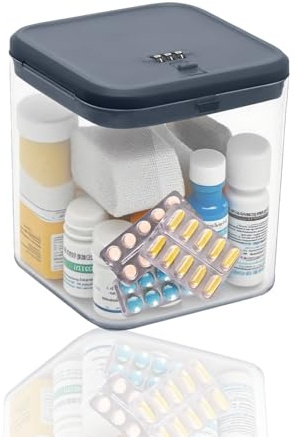 HIKENRI Lockable Storage Box,Medicine Storage Box Transparent And Visible,Cell Phone Lock Box,Combination Lock Box For Kitchen/Home/School/Fridge/Office/Personal/Travel (Grey-Blue)