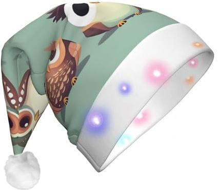 GUOLGP Gorro de Navidad con diseño de búhos de dibujos animados, para hombres y mujeres, para fiestas festivas, sombreros de Papá Noel, suministros y celebraciones