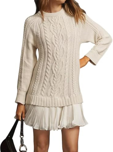 JYIXXZX Vestido de Punto Mujer Mini Vestido de Jersey Manga Larga Casual Vestidos de Suéter Cuello Redondo Vestidos Corto de Patchwork Plisado para Diaria Otoño Invierno