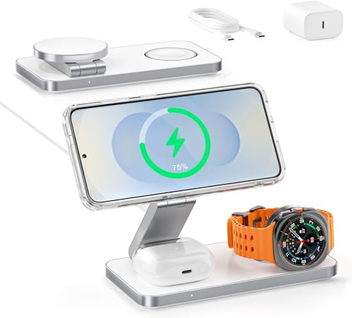 Station de Charge 3-en-1 pour Samsung, Chargeur sans Fil magnétique Pliable 15W Compatible pour Galaxy S26/S25/S24/S23 et Z Fold/Flip, Galaxy Watch & Buds Pro, Non Compatible avec la Watch 9/Ultra 2