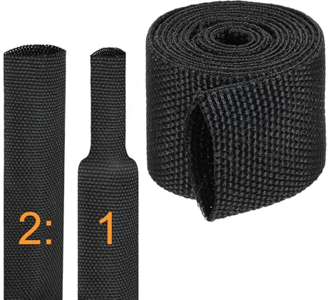 sourcing map 2:1 Ratio Heat Shrink Braided Sleeve 16mm ID 1 Meter, Black | Automotive Wire Loom, Braided Cable Sleeves, Fabric Woven Shrinkable Tubing Protection, for Harness Cable Sheath Hose Wire