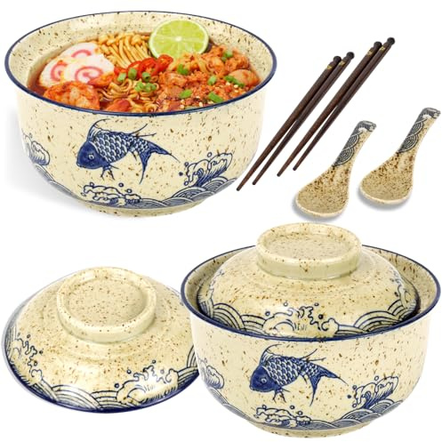 OGMBI 2 Set Ceramic Ramen Bowl, 800ml Ramen Noodle Bowl with Lid, Japanese Style Retro Bowls with Spoon and Chopsticks, Asian Soup Bowls for Microwave & Dishwasher Safe, Fish