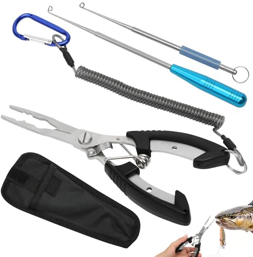 Fisketång av rostfritt stål, tång fiske krokborttagare fisketång set lång bärbar multifunktionell, fisk krokborttagare fiske tillbehör med snodd, fisketång kroktång för saltvatten och sötvatten