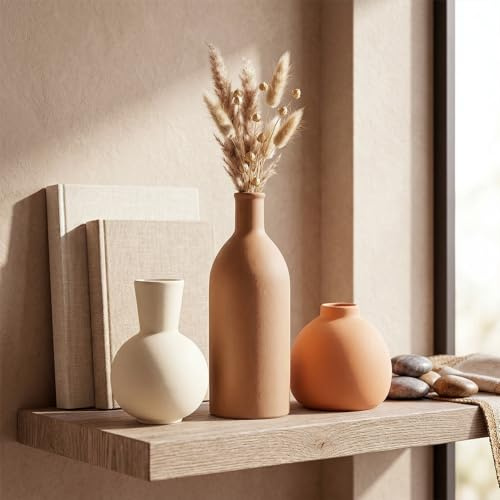 OFFASST Keramik Vasen Set 3-teilig | Iconic Home Vase für Pampasgras & Trockenblumen | Moderne Tischdeko in Beige & Braun | Neutral Boho Skandinavische Vase Hoch für Wohnzimmer