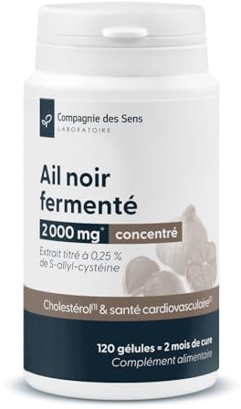 Ail noir concentré 2000 mg par jour – Extrait titré à 0,25% de S-Allyl-Cystéine (SAC) – 120 gélules végétales (HPMC) – 2 mois de cure intensive – Sans conservateur – Fabriqué en France