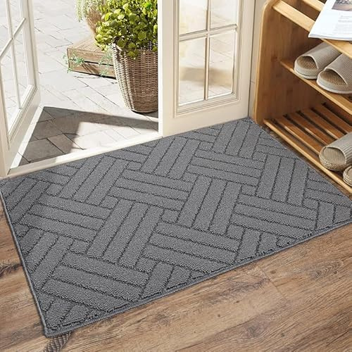 WELLTURN 50×80cm Zerbino Ingresso Interno Antiscivolo e Assorbente, Tappeto in Microfibra Lavabile con Base in Gomma per Cucina, Bagno, Porta e Animali, Intrecciato Grigio Scuro