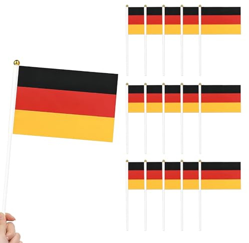 Vordpe 15 banderas de Alemania con varilla, 14 x 21 cm, mini banderas hechas a mano, bandera pequeña de Alemania, bandera de mano, para decoración del mundo 2026, decoración de fiesta de fútbol de