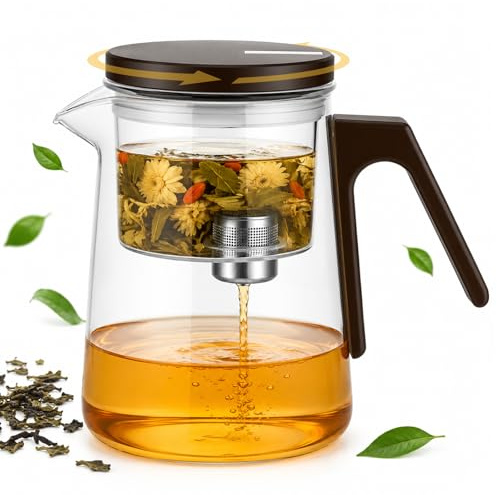 Théière en Verre avec Infuseur 800ml, Magic Théière en Verre Rotatif | pour Thé en Feuilles, Borosilicaté Poignée en Bois de Noyer, Résiste au Choc Thermique, pour Les Amateurs de Thé